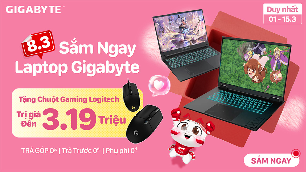 Mua laptop Gigabyte tại CellphoneS, tặng ngay chuột gaming Logitech trị giá đến 3.19 triệu đồng Mua laptop Gigabyte tại CellphoneS, tặng ngay chuột gaming Logitech trị giá đến 3.19 triệu đồng