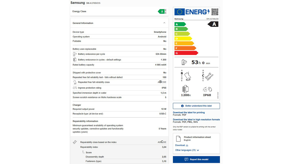 Dữ liệu EPREL của Galaxy A37