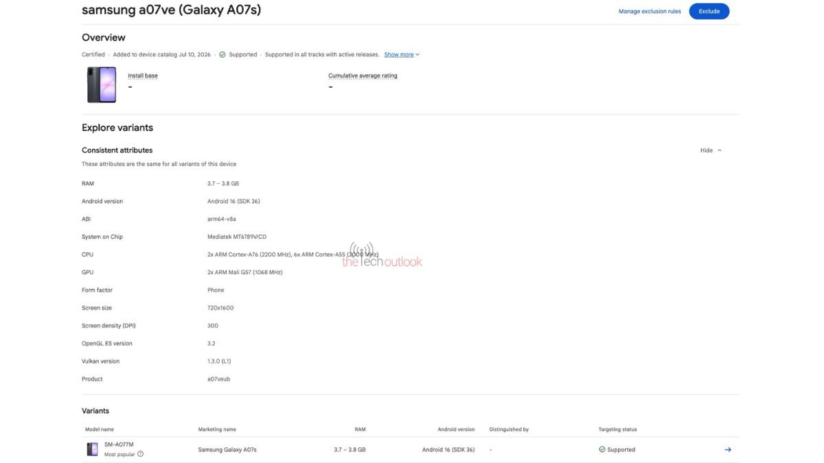 Galaxy A07s xuất hiện trên danh sách Google Play Console