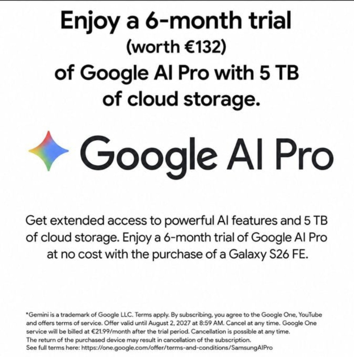 Người dùng Galaxy S26 FE có thể được tặng 6 tháng dùng thử Google AI Pro miễn phí