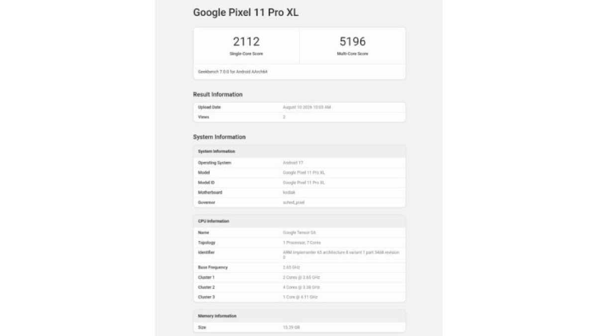 Googel Pixel 11 Pro XL lộ hiệu năng ấn tượng trên Geekbench