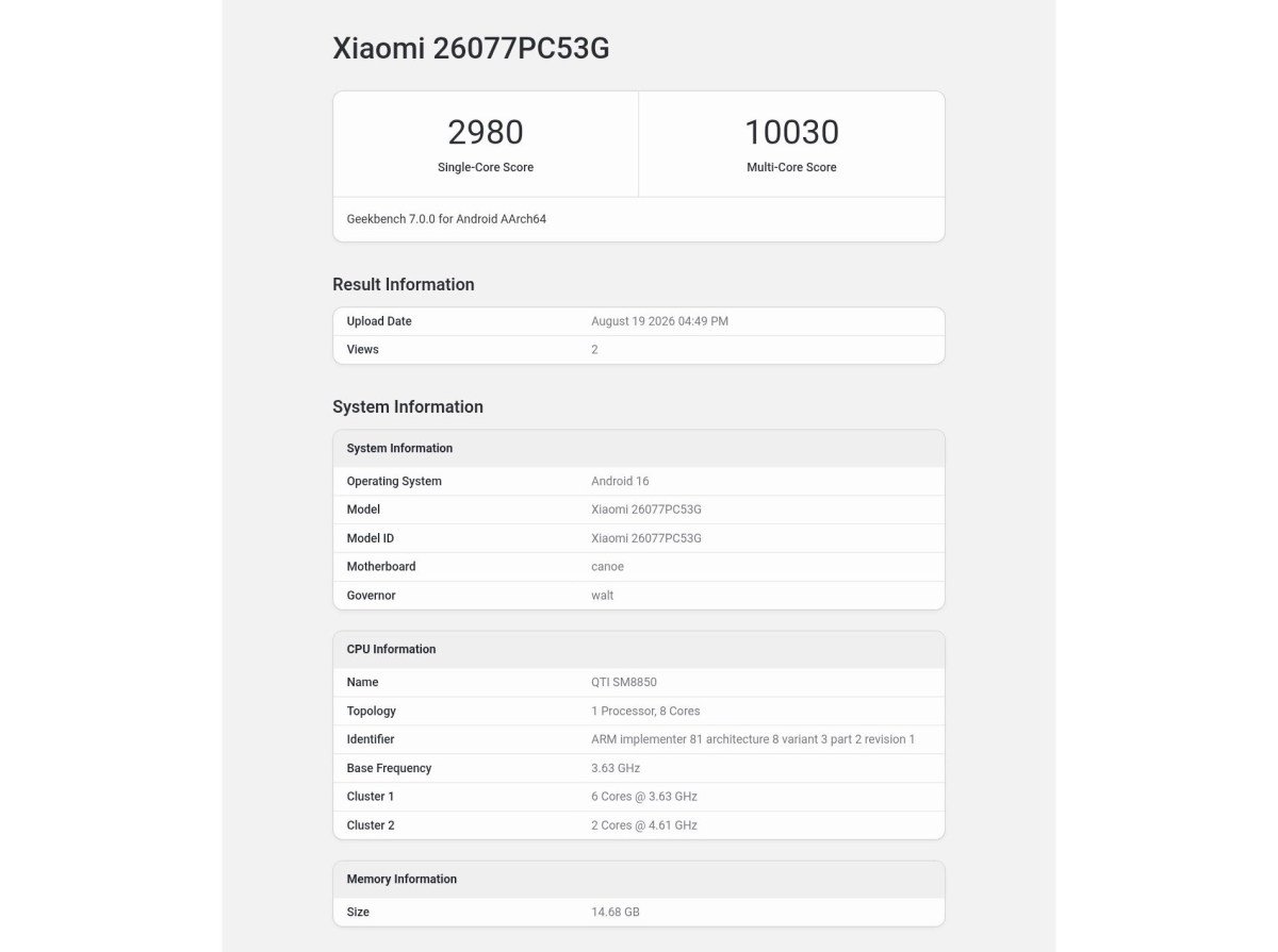 Điểm số Geekbench của POCO F9 Ultra