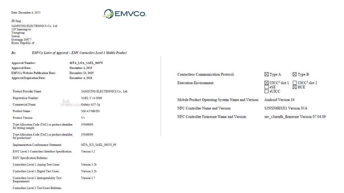 Galaxy A57 5G đạt chứng nhận EMVCO