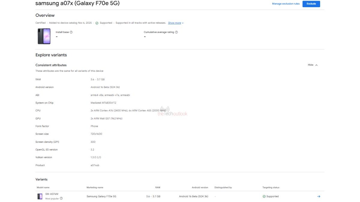 Galaxy F70e 5G xuất hiện trên danh sách Google Play Console