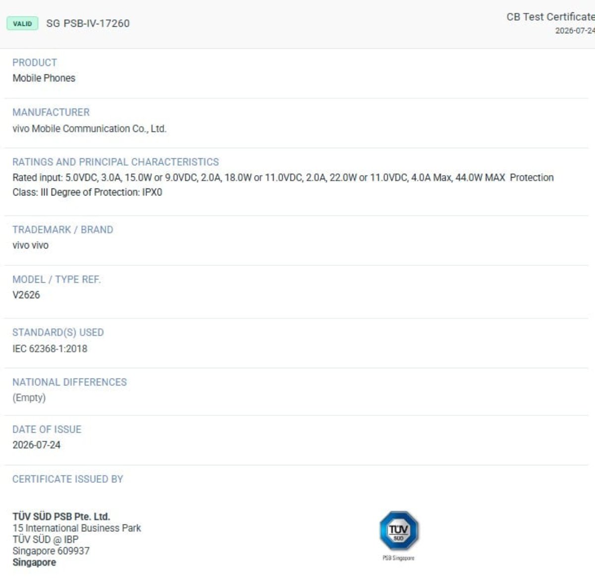 Chứng nhận của vivo V80 Lite