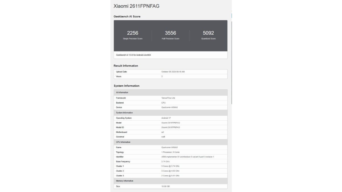 Điểm Geekbench của Xiaomi 18 Pro Max
