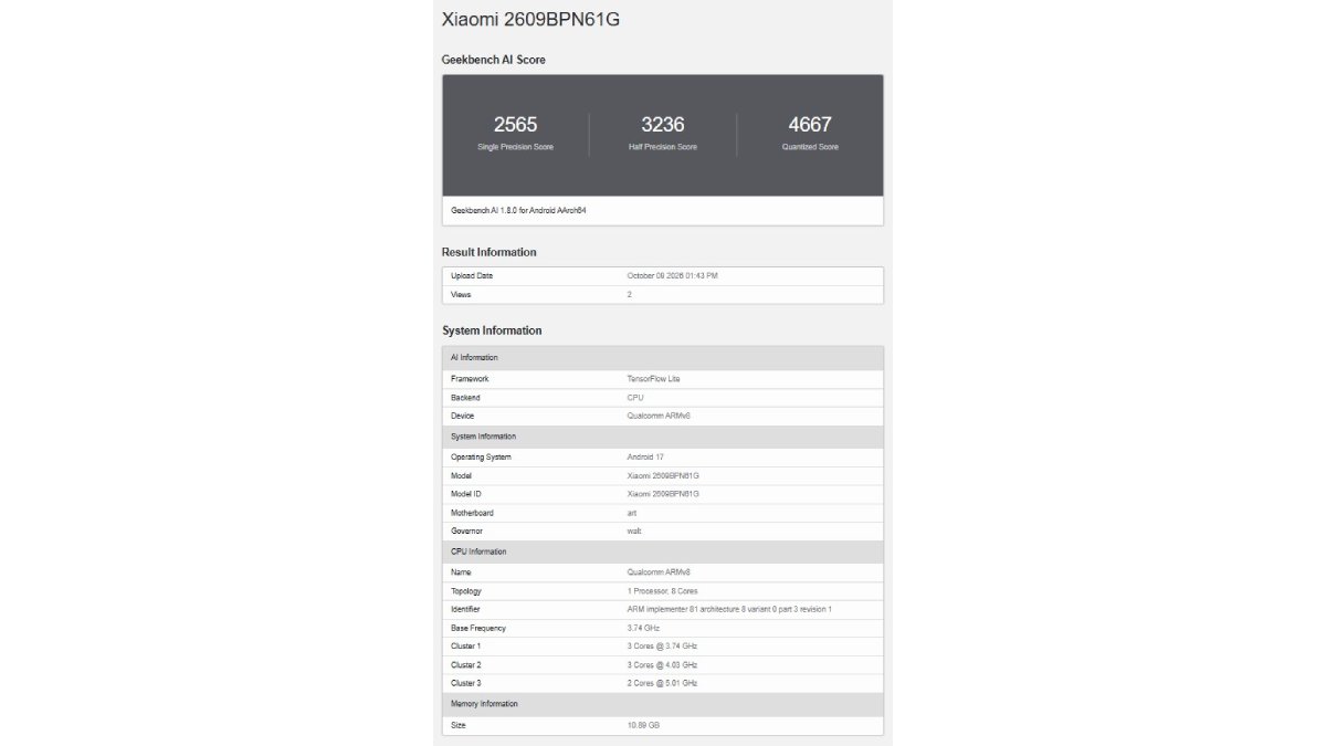 Điểm Geekbench của Xiaomi 18 Pro