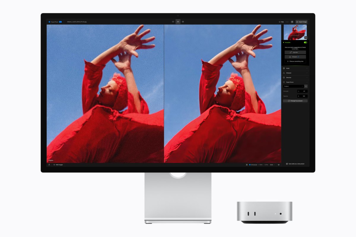 Với chip M5 Pro, Mac mini mang lại hiệu năng nâng cấp độ phân giải ảnh bằng AI nhanh hơn trong Topaz Photo so với thế hệ trước