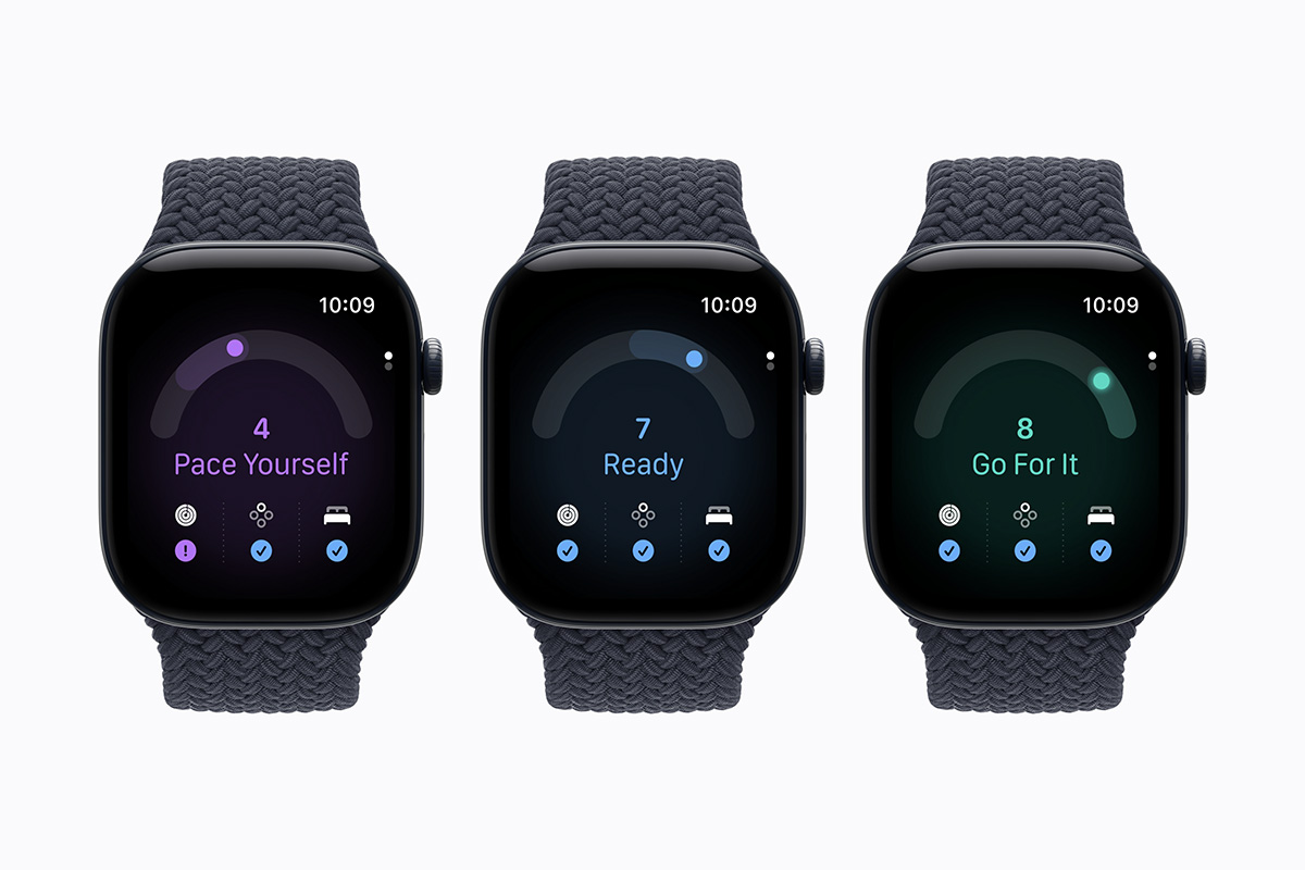Three Apple Watch Series 12 devices show readiness scores: Pace Yourself, Ready, and Go For It.