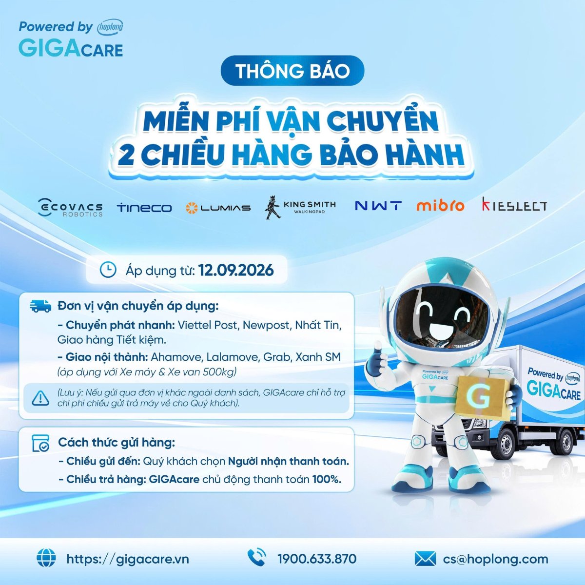 GIGAcare áp dụng chính sách miễn phí vận chuyển bảo hành