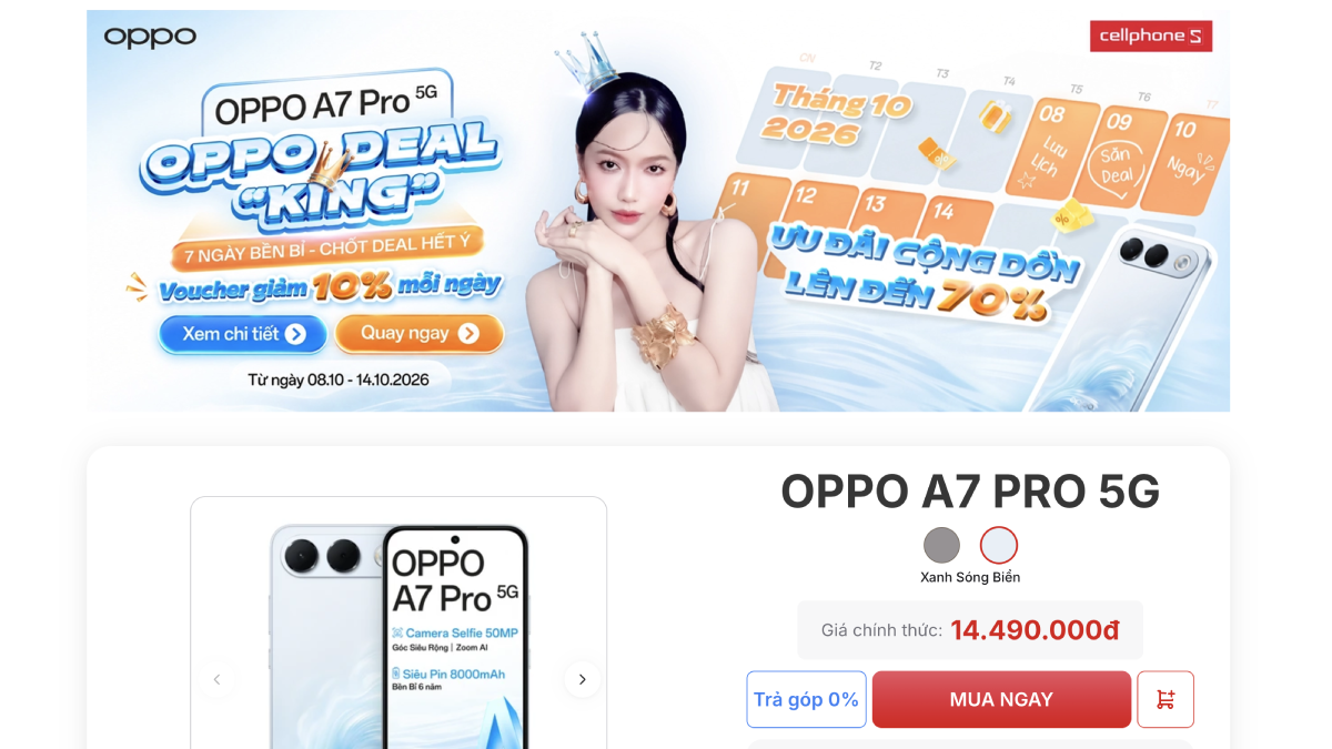 Săn voucher giảm đến 30% khi mua OPPO A7 Pro 5G tại CellphoneS!!