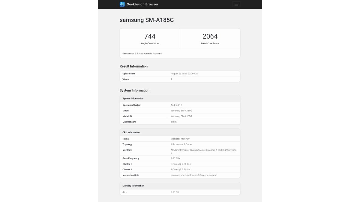 Galaxy A18 được thử nghiệm hiệu năng trên Geekbench