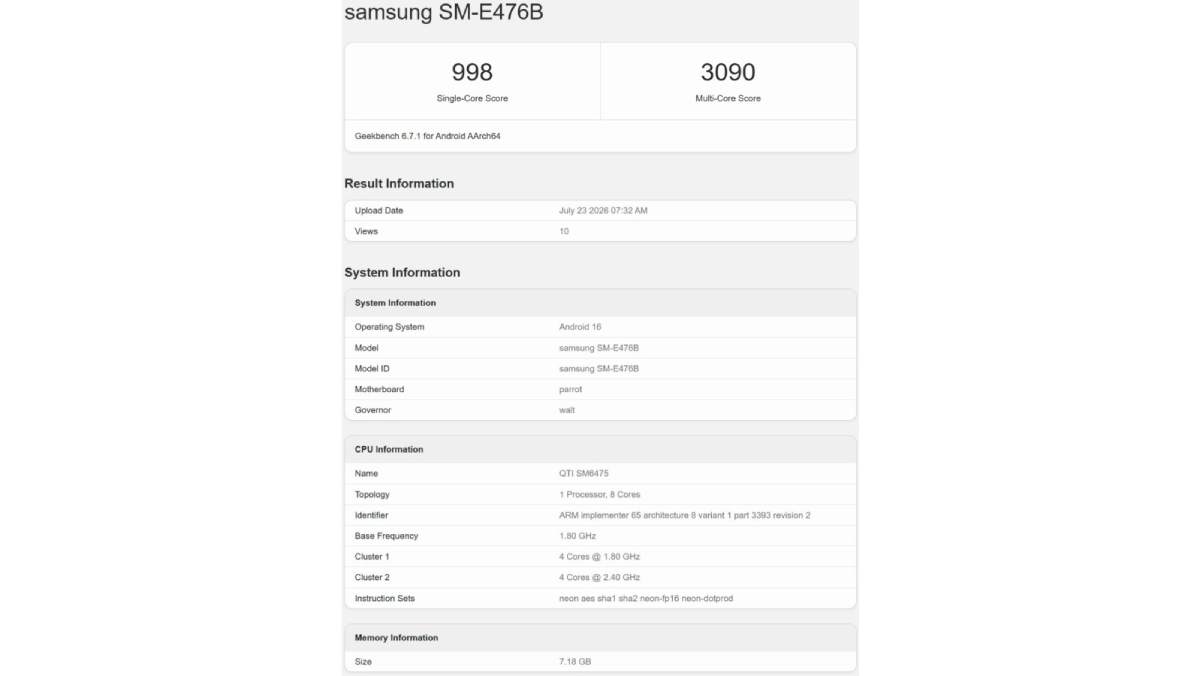 Hiệu năng của Galaxy F70 Pro trên Geekbench