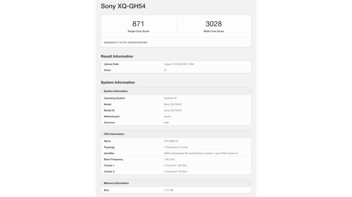 Xperia 10 VIII được thử nghiệm hiệu năng trên Geekbench