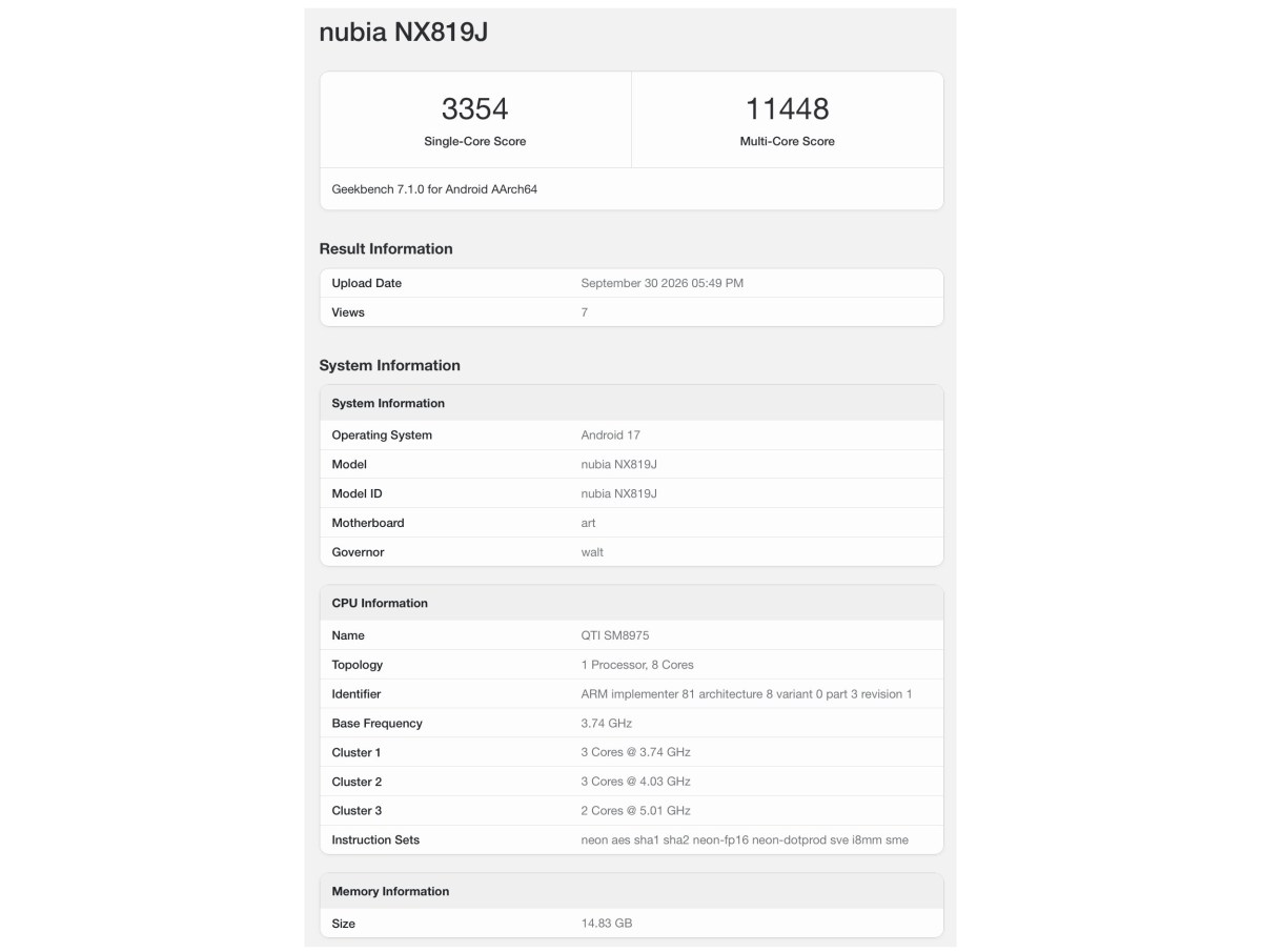 RedMagic 12 Pro Plus được thử nghiệm hiệu năng trên Geekbench