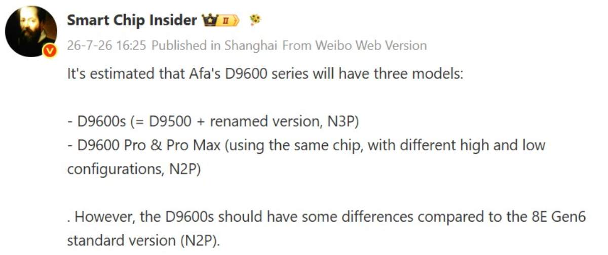 Thông tin dòng chip Dimensity 9600 được tiết lộ