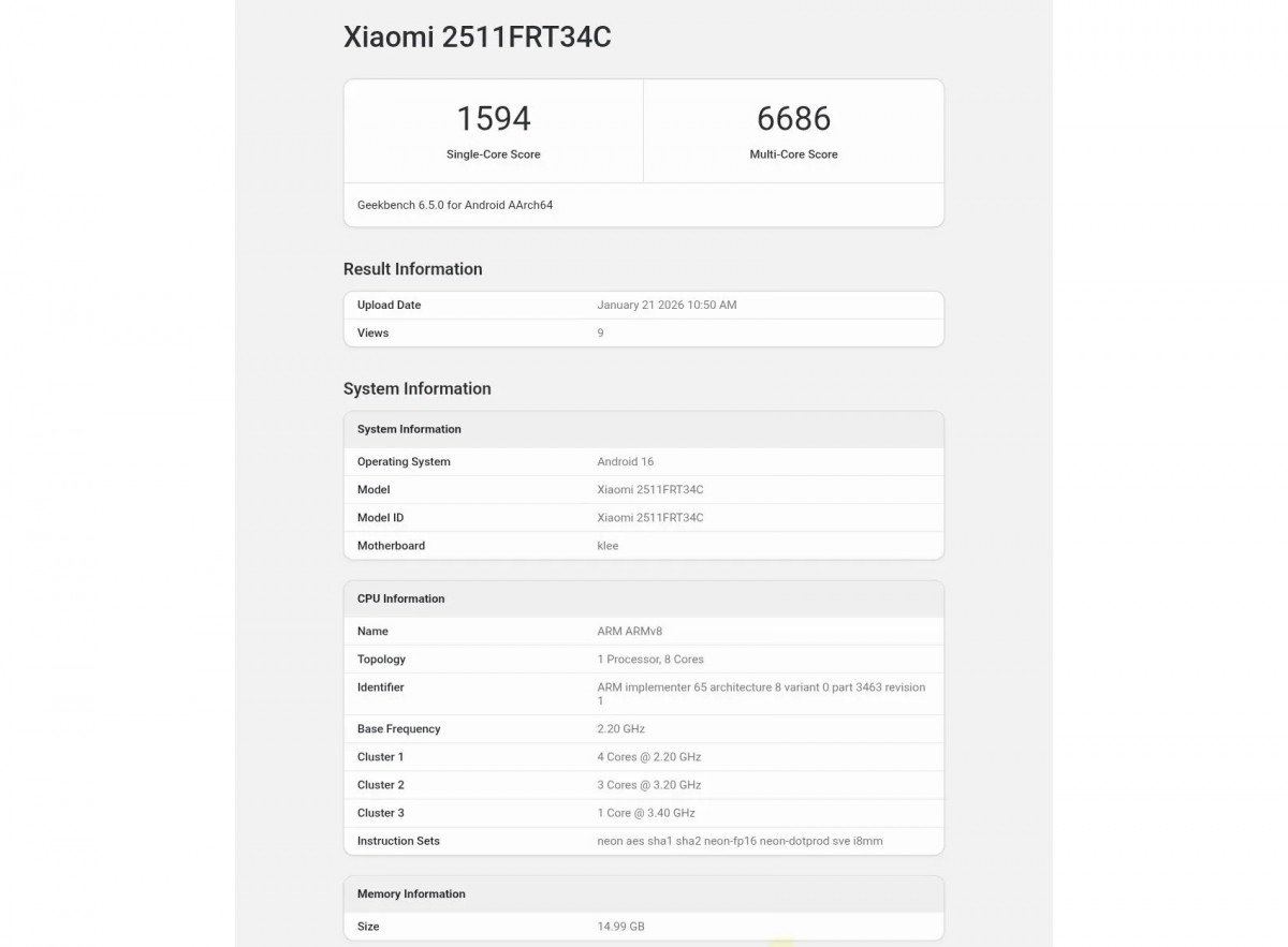 Redmi Turbo 5 được thử nghiệm hiệu năng trên Geekbench