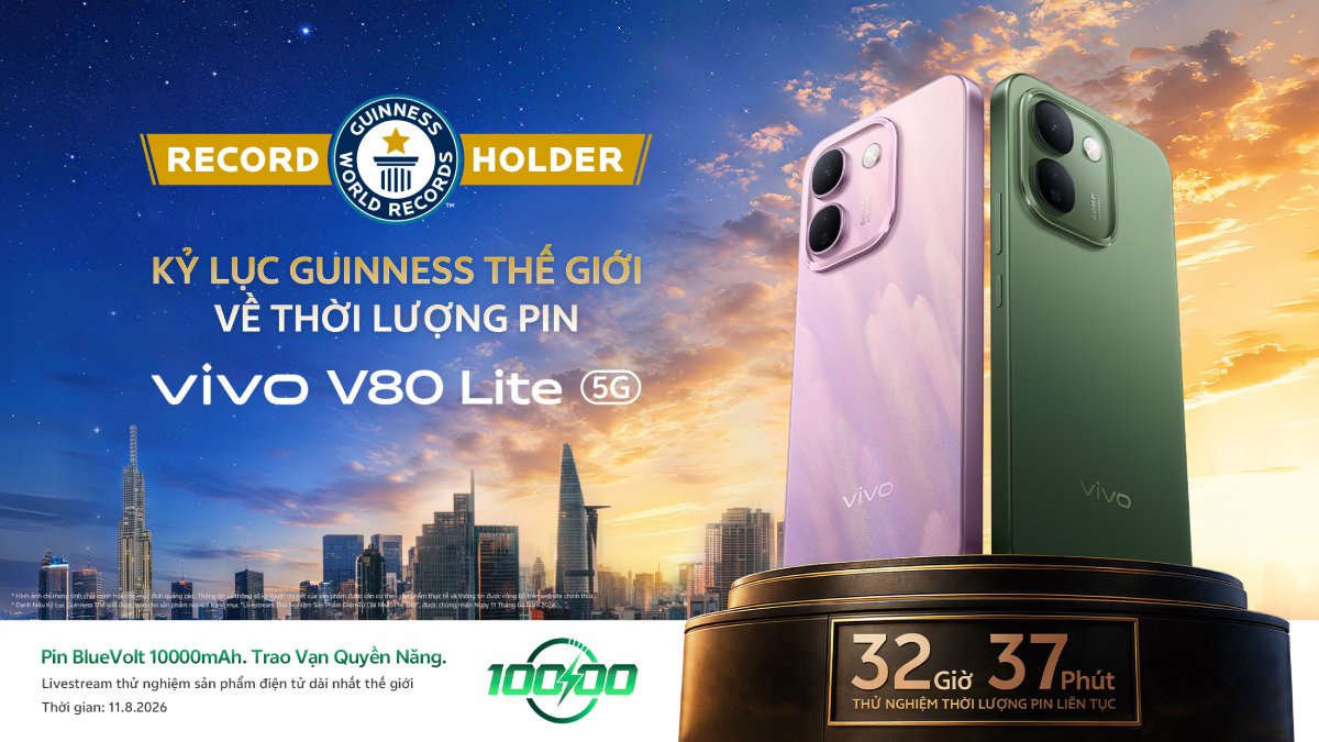 vivo V80 Lite 5G lập Kỷ lục Guinness với hơn 32 giờ on-screen nhờ siêu pin BlueVolt 10000mAh