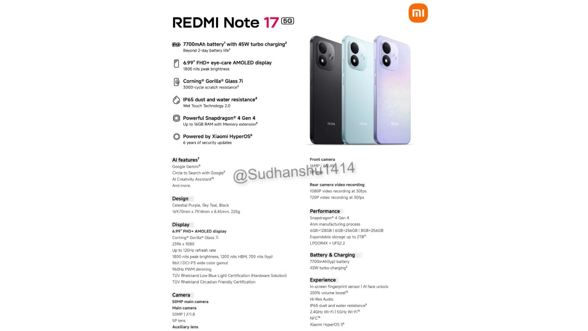 Thông số kỹ thuật chính của Redmi Note 17