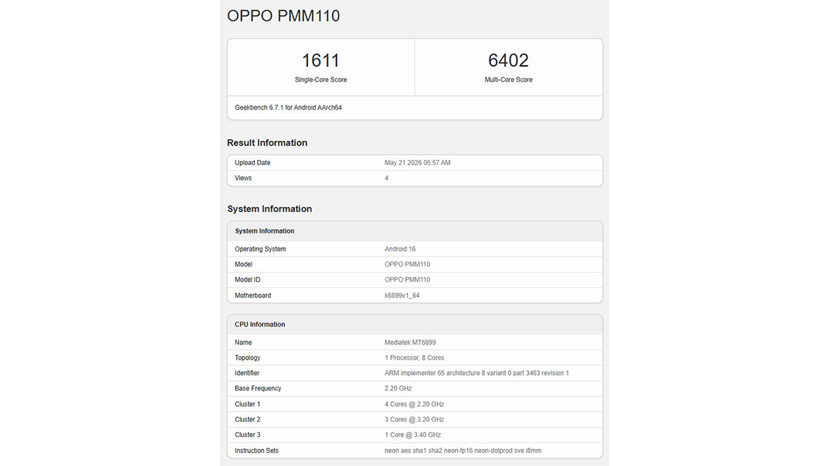 OPPO Reno16 được thử nghiệm hiệu năng trên Geekbench với điểm đơn và đa nhân ấn tượng
