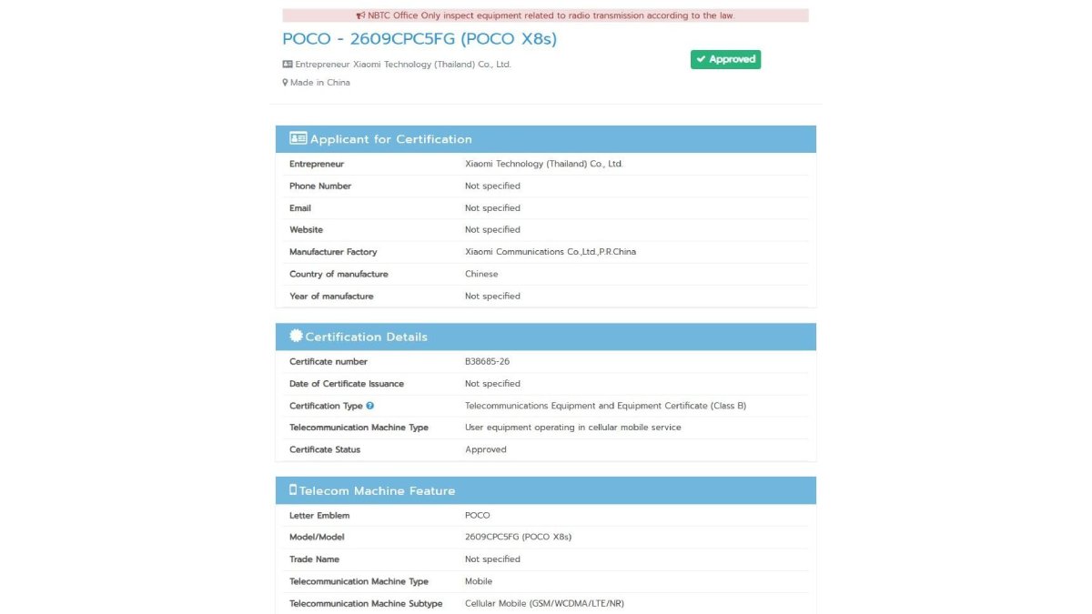 Chứng nhận NBTC của POCO X8s