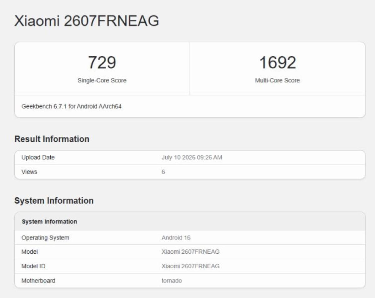 Redmi 17C 5G được thử nghiệm hiệu năng trên Geekbench với cấu hình giống Redmi 15 5G