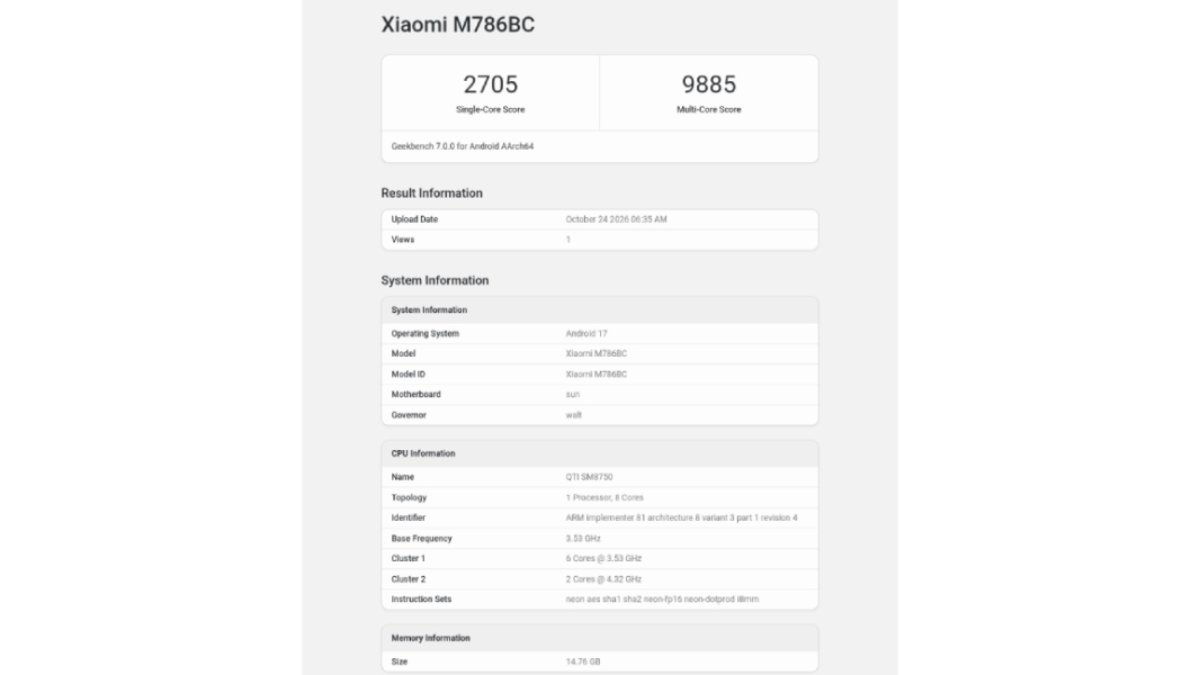 Redmi K100 lộ hiệu suất mạnh mẽ trên Geekbench
