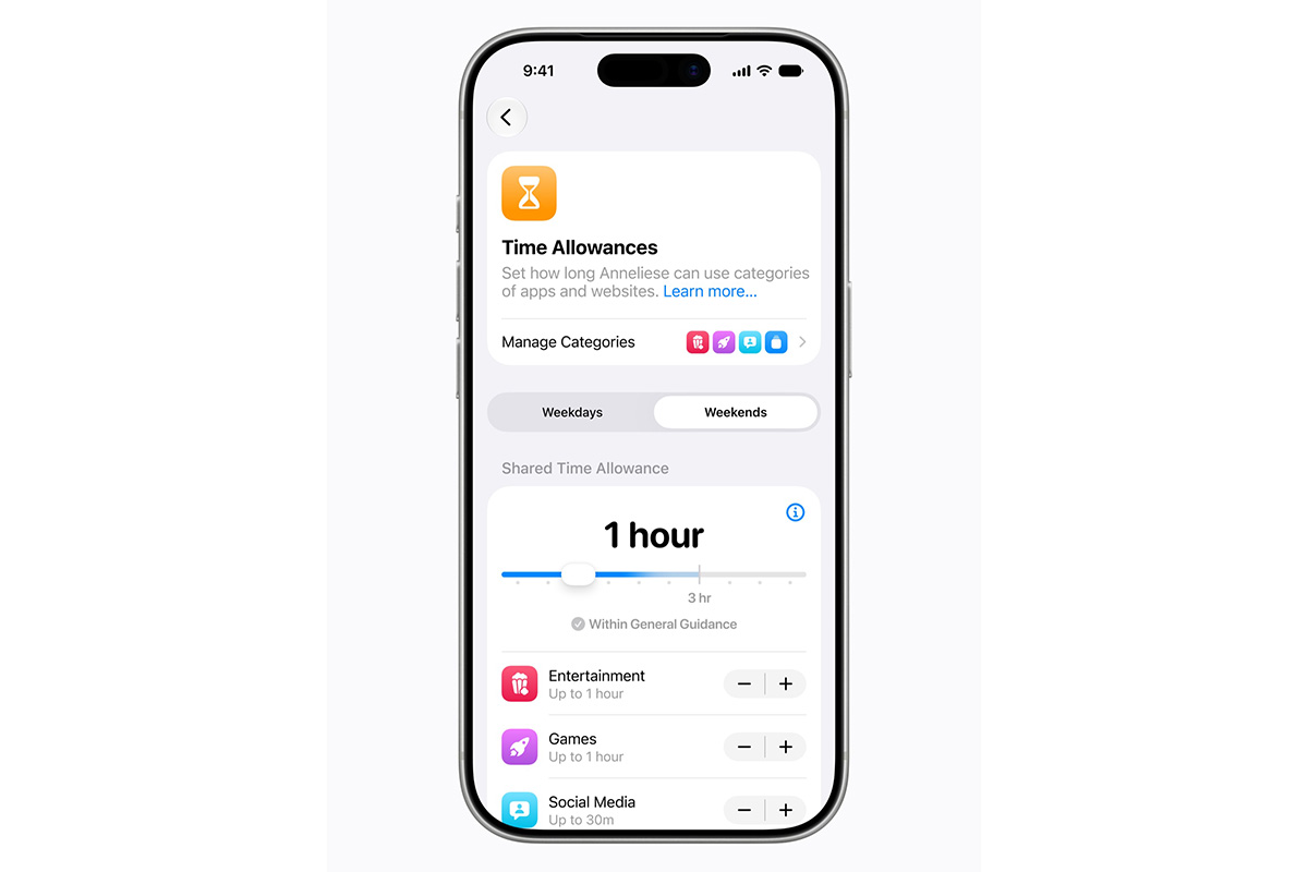 Tính năng Time Allowances giúp phụ huynh có thể thiết lập giới hạn sử dụng cho con mình 