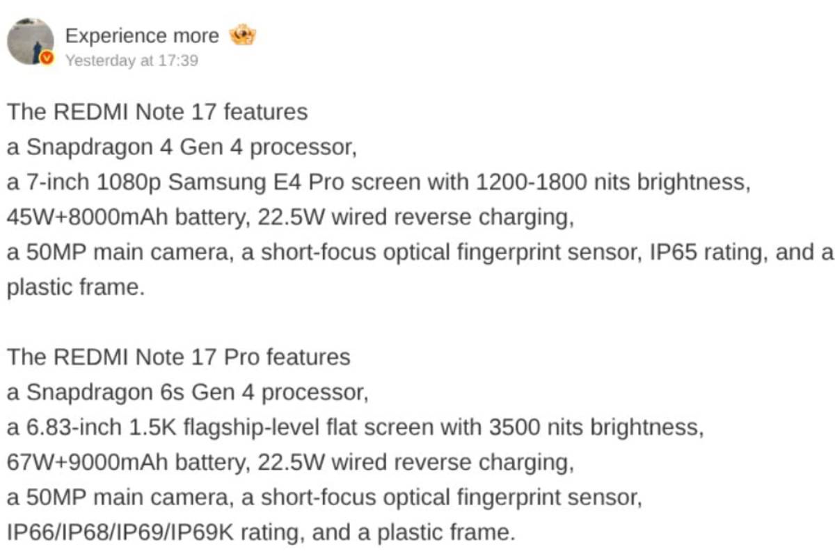 Thông số kỹ thuật Redmi Note 17 và Redmi Note 17 Pro được tiết lộ trong rò rỉ mới