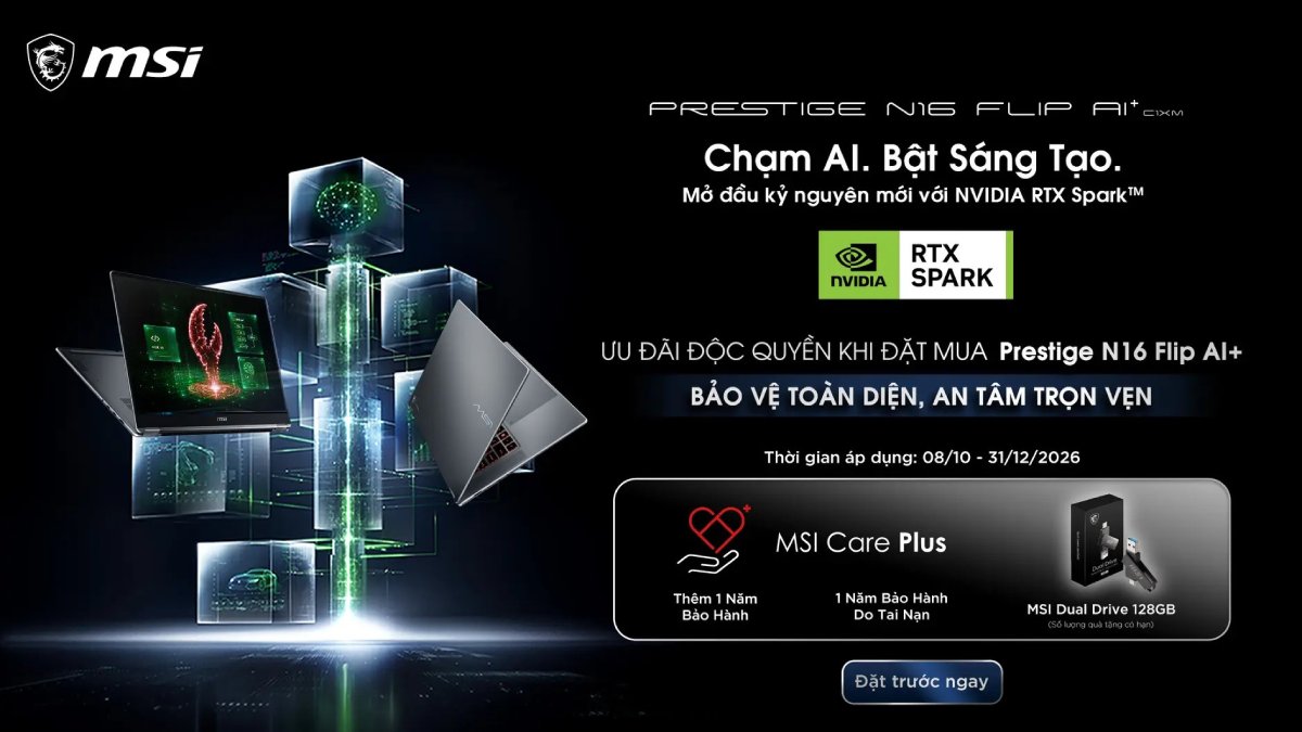 Mở đặt hàng sớm MSI Prestige N16 Flip AI+ C1XMT: Bộ quà tặng 4.5 triệu, bảo hành 3 năm