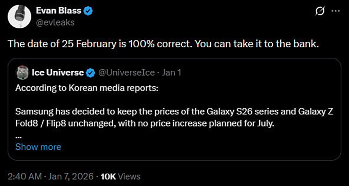 Ice Universe xác nhận dòng Galaxy S26 sẽ ra mắt vào ngày 25/2