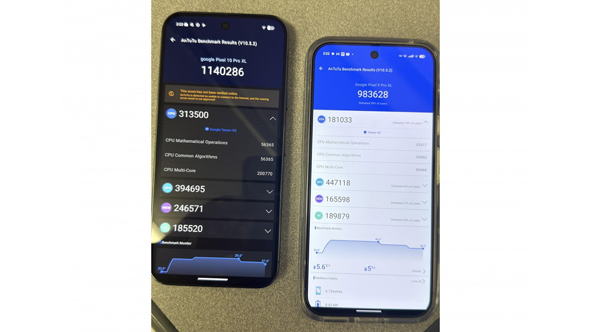 Điểm số AnTuTu của Pixel 10 Pro XL (bên trái) và Pixel 9 Pro XL (bên phải)