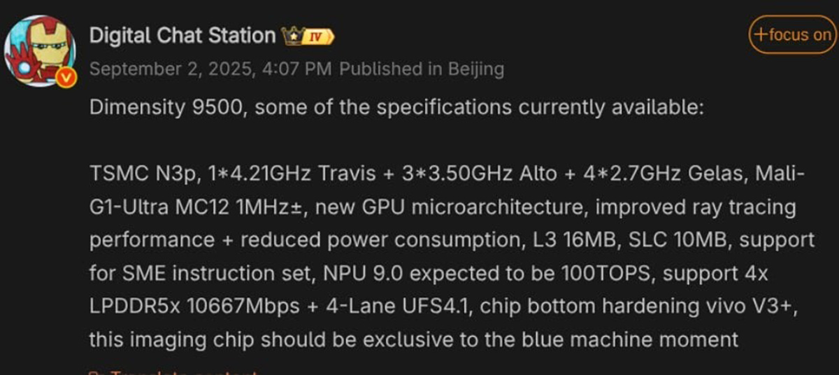 Thông số kỹ thuật của chip Dimensity 9500