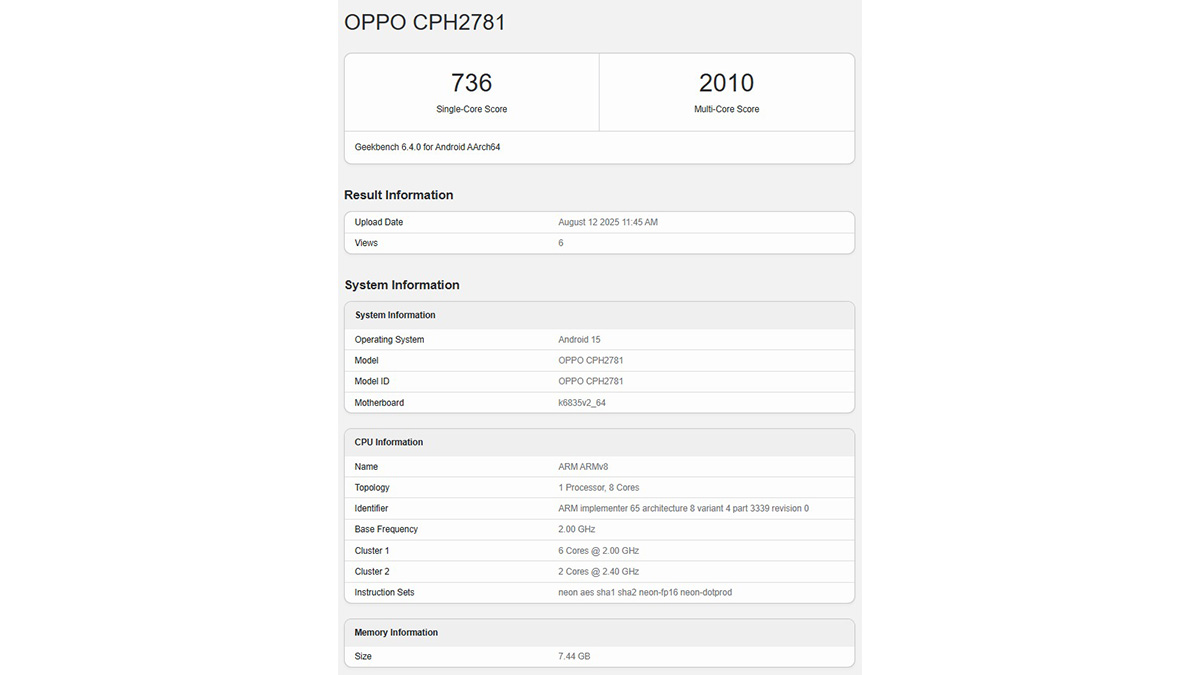 Thông tin OPPO A6 Pro 5G được tiết lộ bởi Geekbench
