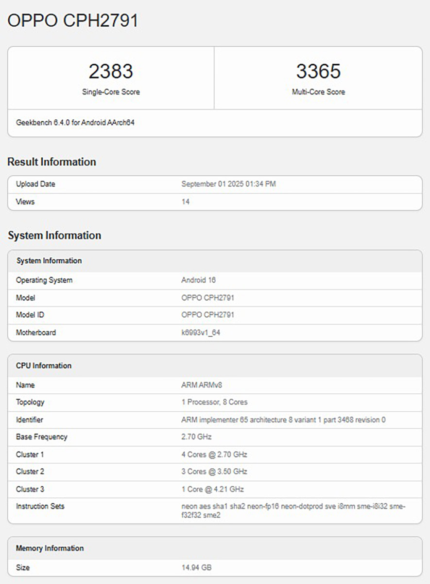 Danh sách Geekbench của OPPO Find X9