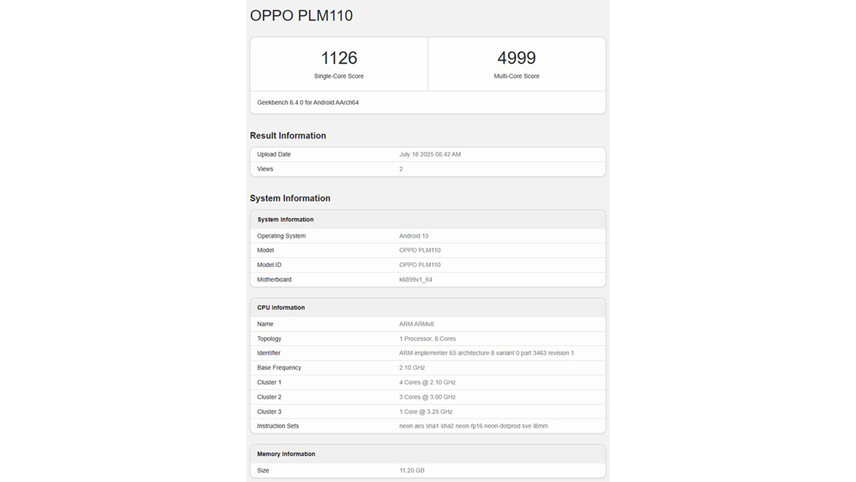 OPPO K13 Turbo được thử nghiệm hiệu năng trên Geekbench