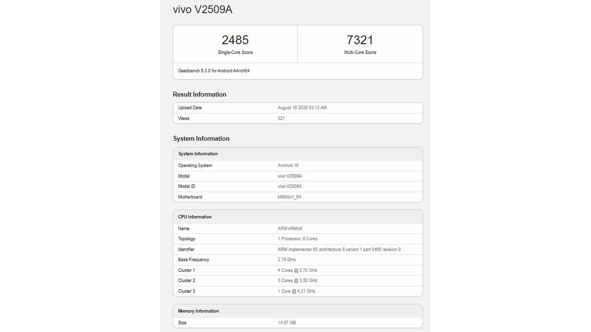 Điểm số Geekbench của chip Dimensity 9500
