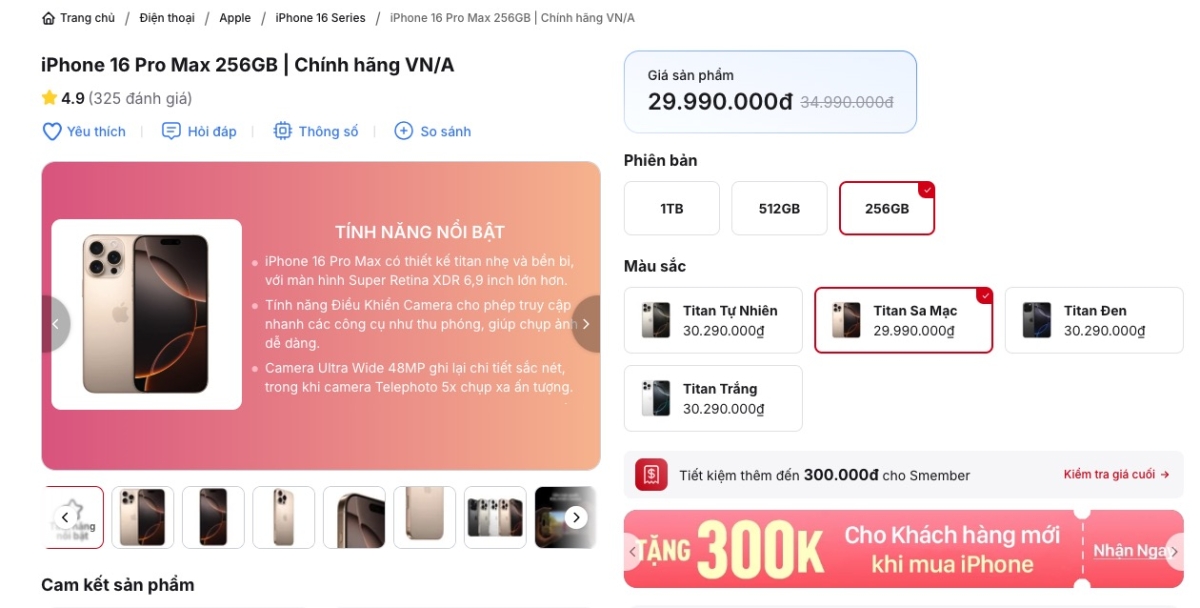 Giá iPhone 16 Pro Max giảm sâu so với thời điểm ra mắt