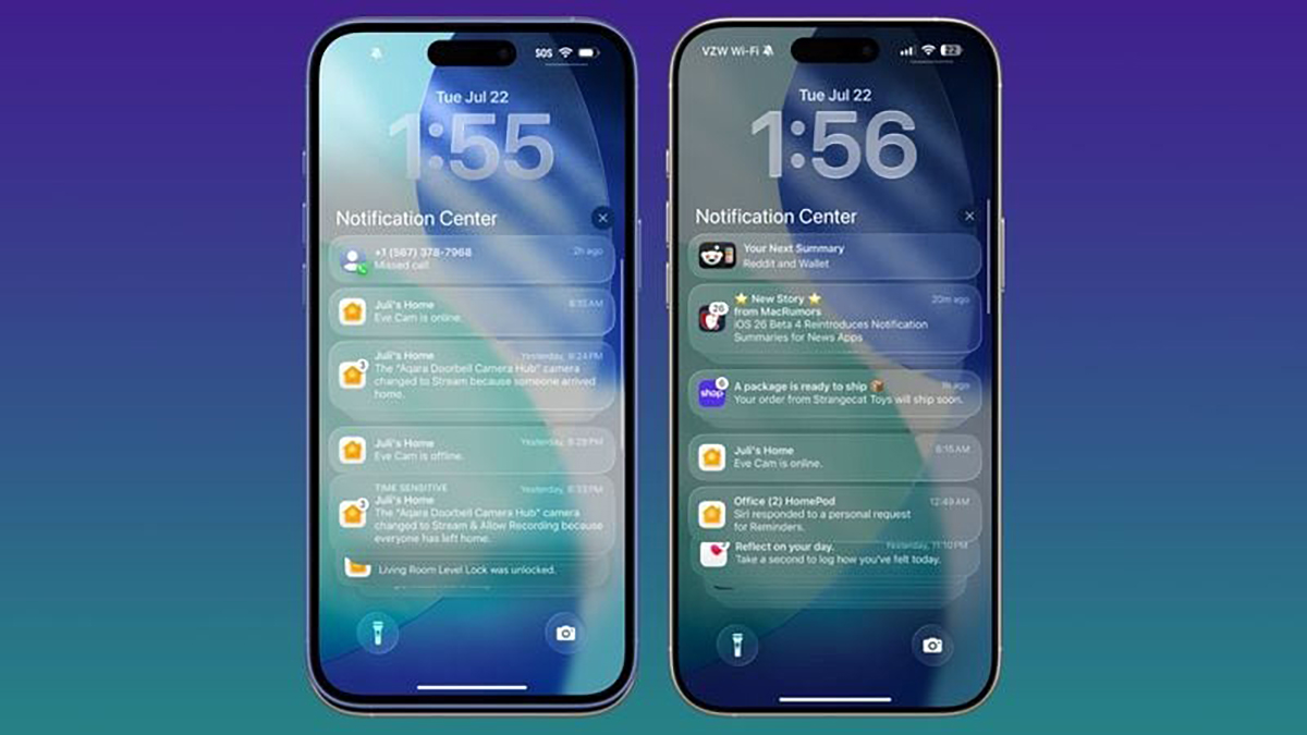 iOS 26 beta 4 bên trái, beta 3 bên phải