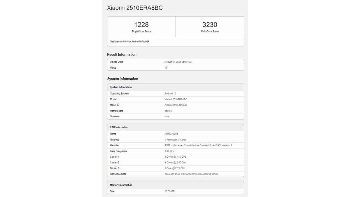Redmi Note 15 Pro Plus lộ hiệu năng trên Geekbench