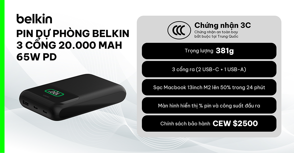 Pin sạc dự phòng BoostCharge Pro 3 Port 20,000 mAh