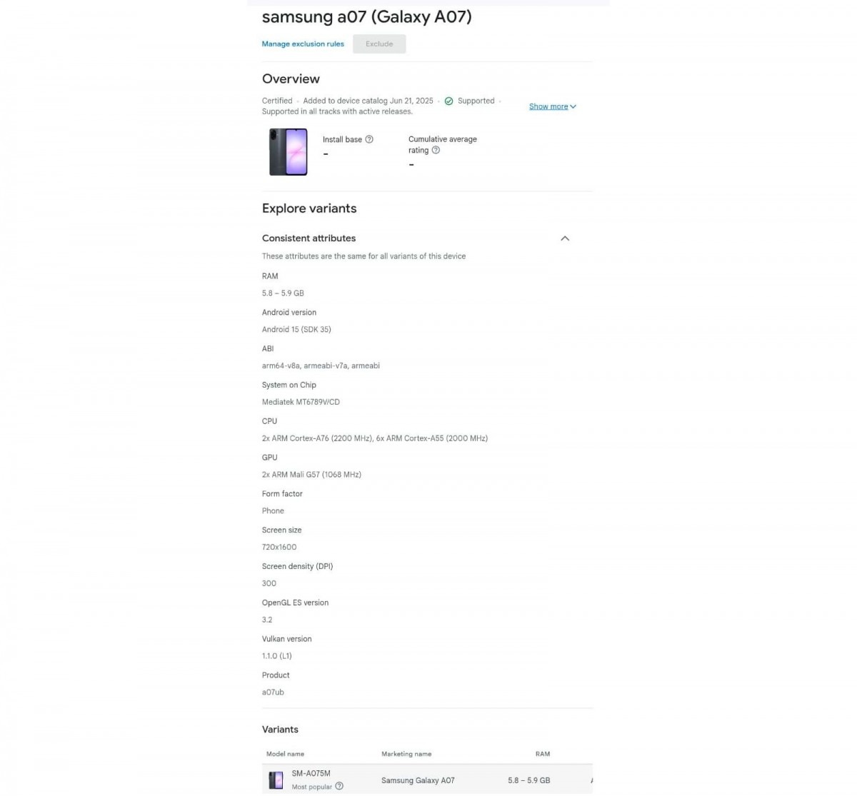 Thông số kỹ thuật chính của Galaxy A07 được tiết lộ