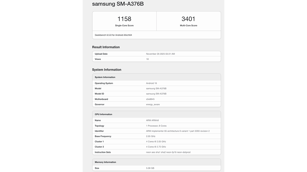Galaxy A37 lộ hiệu suất ấn tượng trên Geekbench