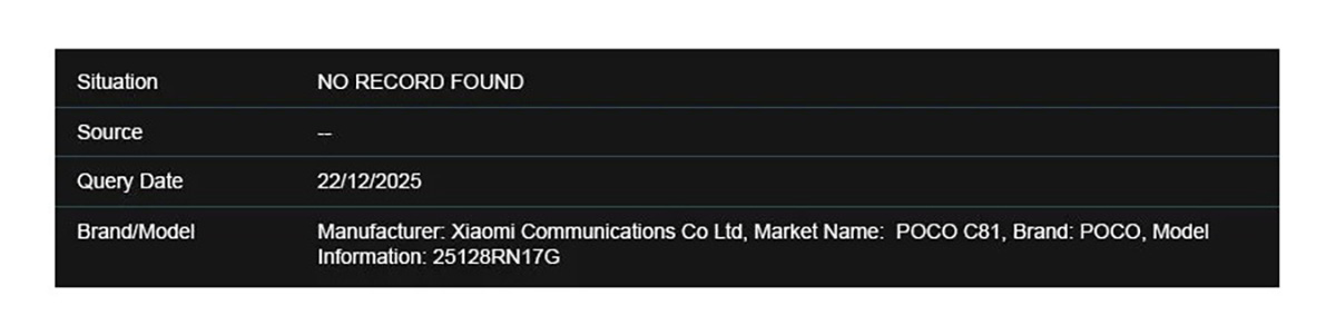 Chứng nhận IMEI của POCO C81