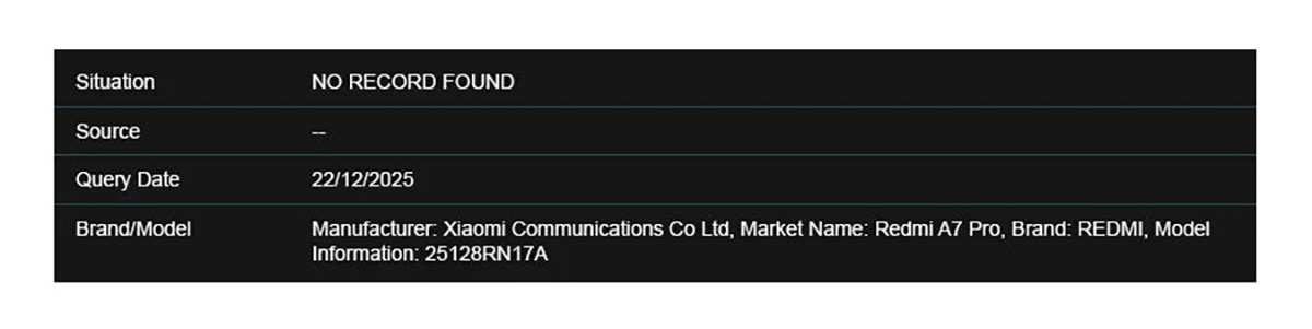 Chứng nhận IMEI của Redmi A7 Pro