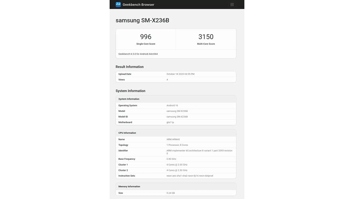 Galaxy Tab A11+ được thử nghiệm hiệu năng trên Geekbench