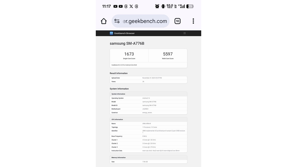 Galaxy A77 được thử nghiệm hiệu năng trên Geekbench