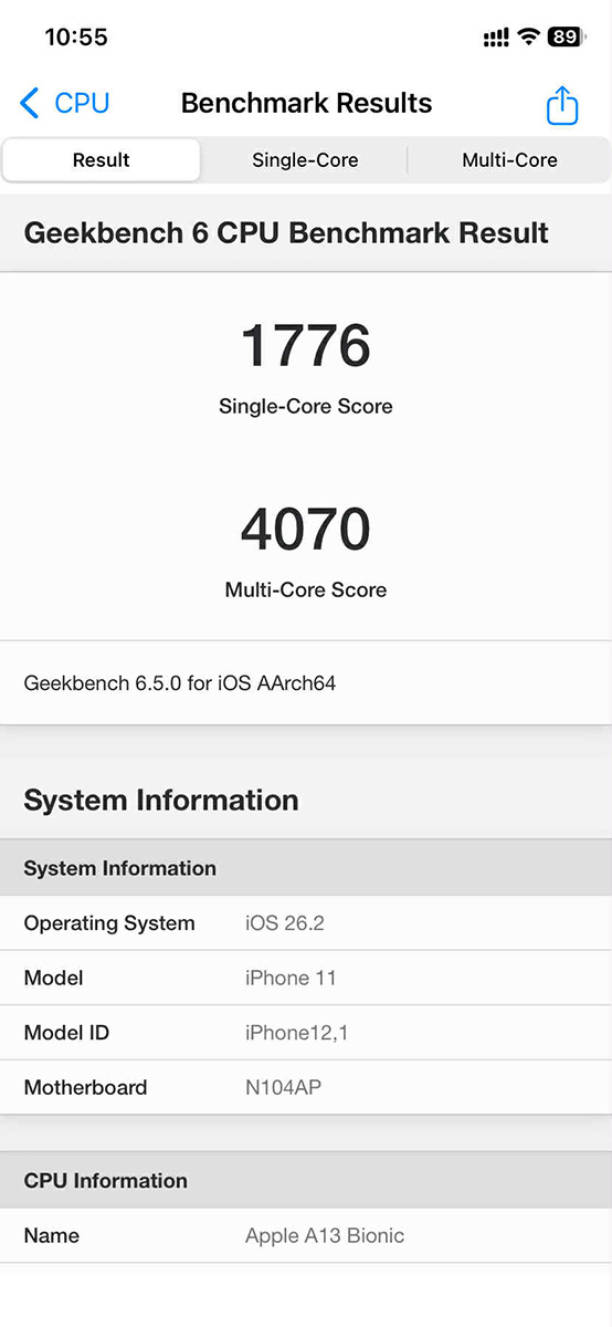Điểm Geekbench của iPhone 11 chạy iOS 26.2