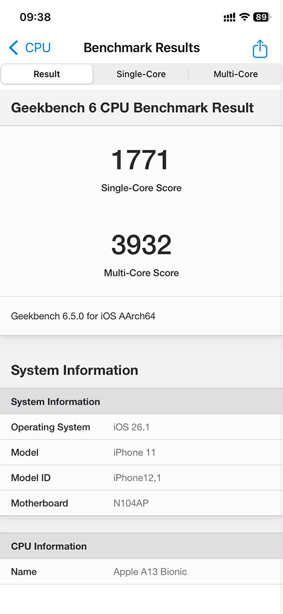 Điểm Geekbench của iPhone 11 chạy iOS 26.1