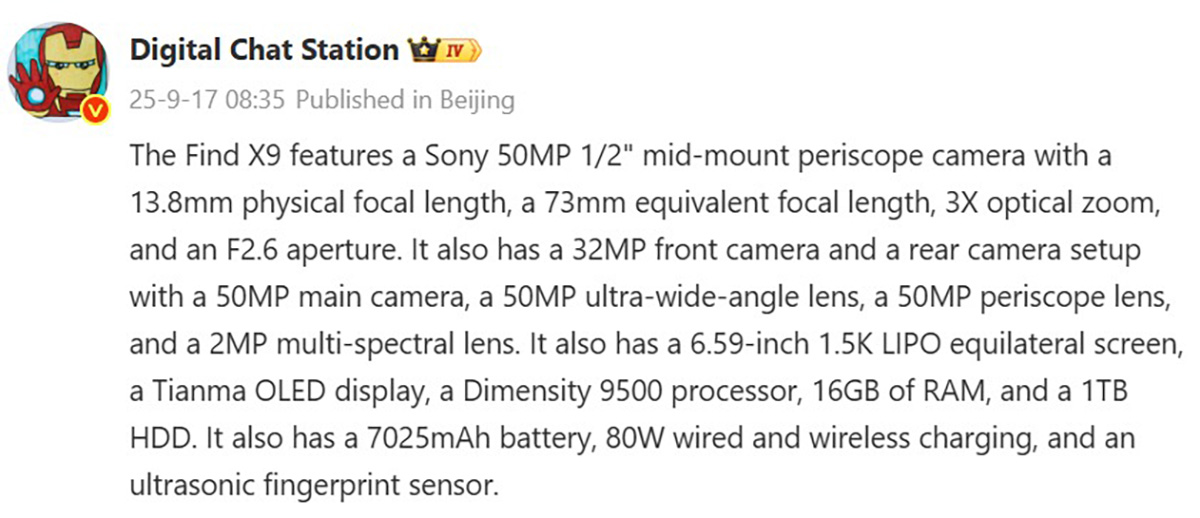 Thông số kỹ thuật OPPO Find X9 được tiết lộ